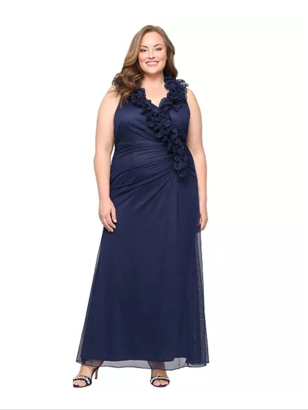 NWT Alex Evenings Navy Blue Ruffle Chiffon Maxi Gown Petite 8P Formal Dress $189